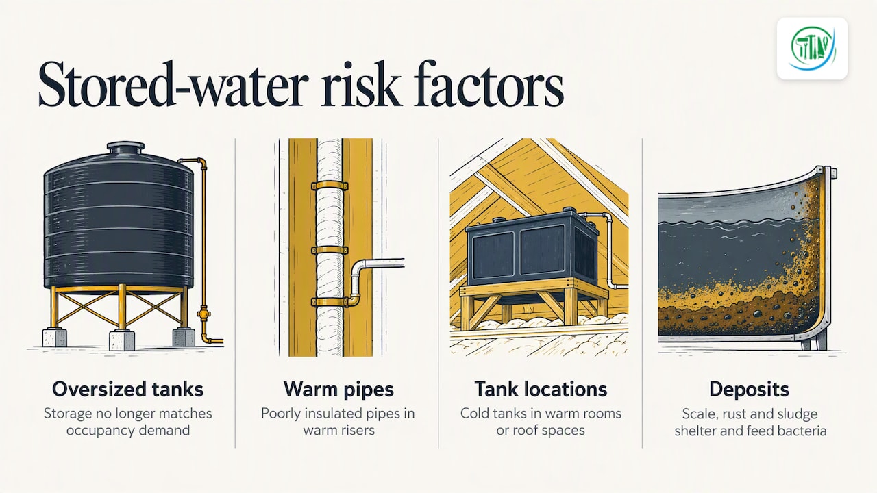 Stored water conditions that increase Legionella risk