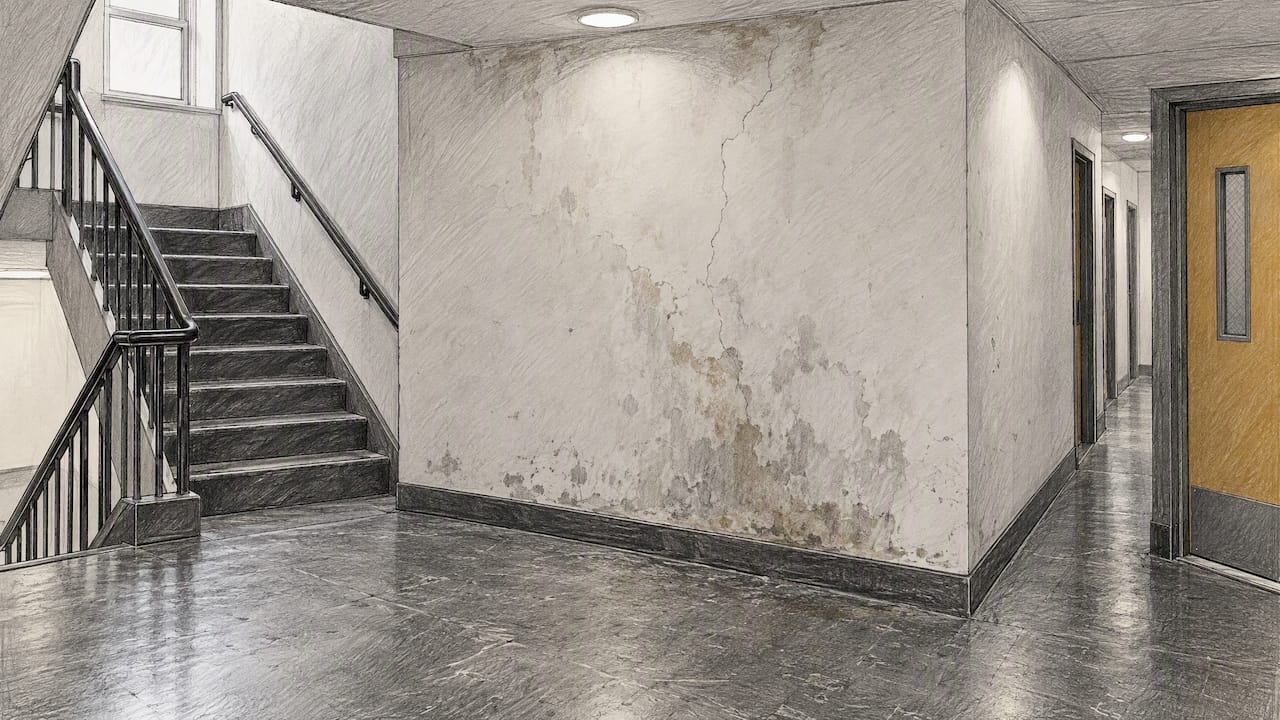 Damp staining and cracking in a commercial corridor