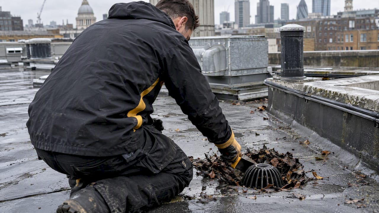 Technician clearing debris from a commercial roof drain