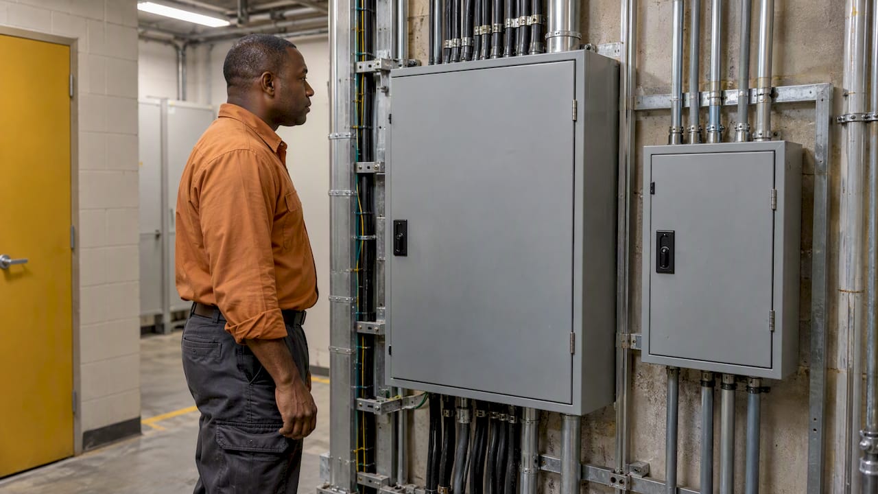 Electrician inspecting paired commercial distribution boards